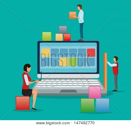 Avatar people with blocks and laptop icon. Industry app and construction theme. Colorful design. Vector illustration