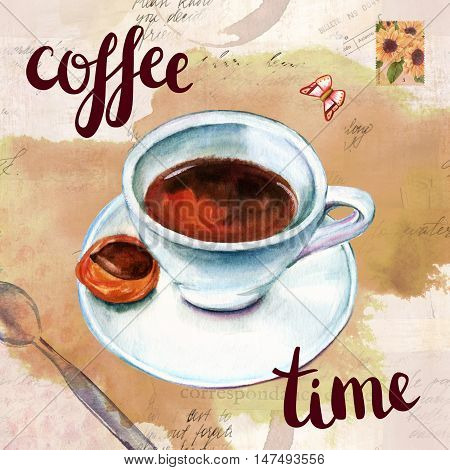 Retro style collage with cup of coffee and cookie, hand painted in watercolor, on fragments of old letters and papers, with words 'coffee time' in brushpen lettering, with butterfly and postage stamp