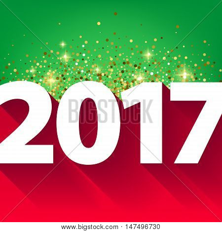 New Year 2017 background. Calendar design typography vector illustration. 3D white digits with shadows on green and red back with glitters.