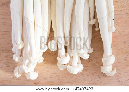 fresh enokitake for cooking on the butcher wood