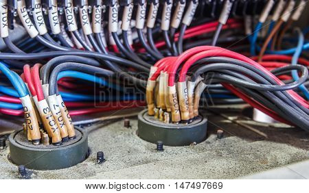 Wiring Control panel with wires in industrial factory automotive