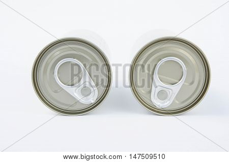 pop-top lid cans on white background Packaging cans Tin can easy open ends for beverage and food packaging Tin containers chemicals.