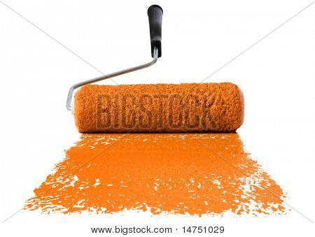 Paint roller With orange paint isolated over white background