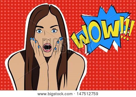 Pop art surprised brunette woman face with open mouth. Comic woman with speech bubble. Vector illustration.