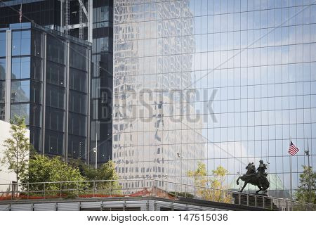 NEW YORK - SEPT 9 2016: America's Response Monument dedicated to the US Special Forces in Liberty Park across from World Trade Center Tower 4 the weekend of 15th anniversary of the terrorist attacks.