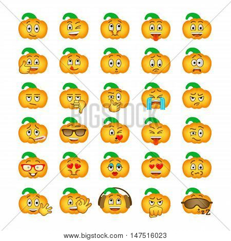 Halloween pumpkin emoji emoticons. Smiley face holiday symbol flat vector icons. Different facial emotions and expressions. Cute cartoon character mood and reactions for text chat and web messenger