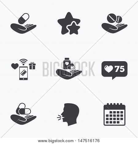 Helping hands icons. Medical health insurance symbols. Drugs pills bottle signs. Medicine tablets. Flat talking head, calendar icons. Stars, like counter icons. Vector
