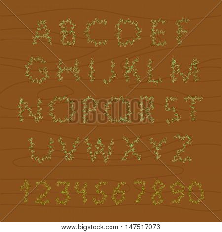 Decorative floral alphabet. Scribble floral wood alphabet. Curly ornamental spring scribble font can be used for design and decoration backgrounds greeting cards invitations notes messages.