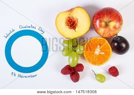 Symbol Of World Diabetes Day And Fresh Fruits On White Background