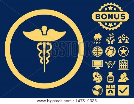 Caduceus icon with bonus symbols. Vector illustration style is flat iconic symbols, yellow color, blue background.