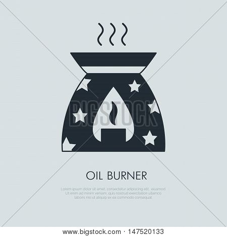 Modern vector icon of oil burner. Essential oils shop linear logo. Cute symbol for aromatherapy store. Elements - oil candle smoke aroma. Oil burner simple silhouette for spa salon.