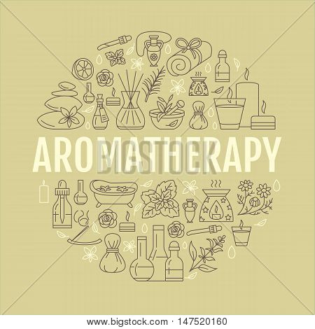 Aromatherapy and essential oils circle template. Vector line illustration of aromatherapy diffuser oil burner spa candles incense sticks herbal bag massage. Essential oils poster