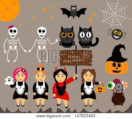Vector set characters for Halloween in cartoon modern style. Pumpkin, ghost, candy, cauldron, cat, owl, moon, bat and other traditional elements of Halloween. Girl in costumes for Halloween.