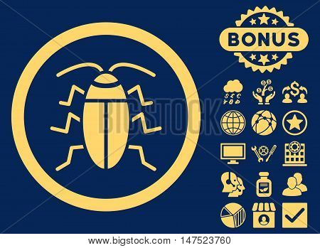 Cockroach icon with bonus elements. Vector illustration style is flat iconic symbols, yellow color, blue background.