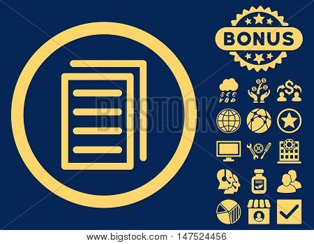 Copy Document icon with bonus pictogram. Vector illustration style is flat iconic symbols, yellow color, blue background.