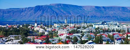 Beautiful Super Wide-angle Aerial View Of Reykjavik, Iceland With Harbor And Skyline Mountains And S