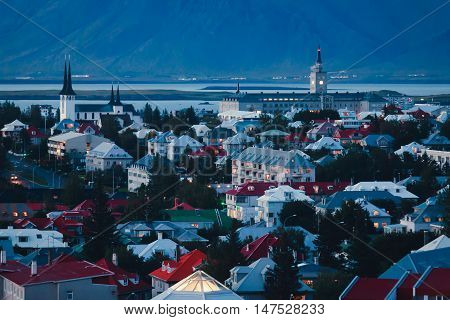 Beautiful Super Wide-angle Aerial View Of Reykjavik, Iceland With Harbor And Skyline Mountains And S