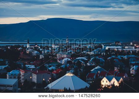 Beautiful Super Wide-angle Aerial View Of Reykjavik, Iceland With Harbor And Skyline Mountains And S