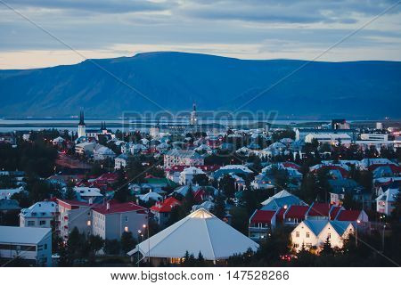 Beautiful Super Wide-angle Aerial View Of Reykjavik, Iceland With Harbor And Skyline Mountains And S