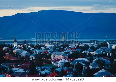 Beautiful Super Wide-angle Aerial View Of Reykjavik, Iceland With Harbor And Skyline Mountains And S