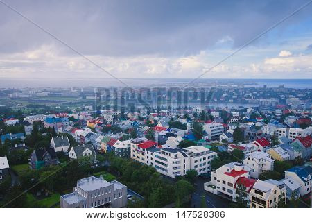 Beautiful Super Wide-angle Aerial View Of Reykjavik, Iceland With Harbor And Skyline Mountains And S