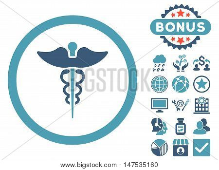 Caduceus icon with bonus pictogram. Vector illustration style is flat iconic bicolor symbols, cyan and blue colors, white background.