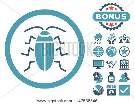 Cockroach icon with bonus images. Vector illustration style is flat iconic bicolor symbols, cyan and blue colors, white background.
