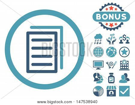 Copy Document icon with bonus pictogram. Vector illustration style is flat iconic bicolor symbols, cyan and blue colors, white background.