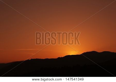 scenic view of sunset mountains at Peneda Geres National Park in northern Portugal.