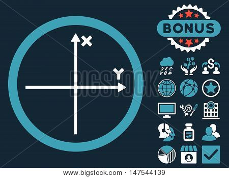 Cartesian Axis icon with bonus symbols. Vector illustration style is flat iconic bicolor symbols, blue and white colors, dark blue background.
