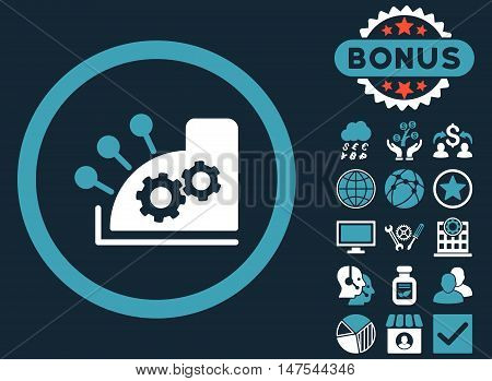 Cash Register icon with bonus symbols. Vector illustration style is flat iconic bicolor symbols, blue and white colors, dark blue background.