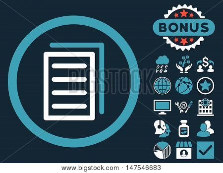 Copy Document icon with bonus pictogram. Vector illustration style is flat iconic bicolor symbols, blue and white colors, dark blue background.