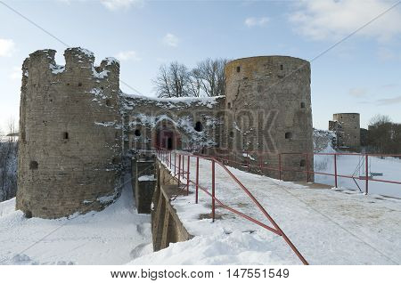 Ancient Koporye fortress, the winter night. Leningrad region, Russia