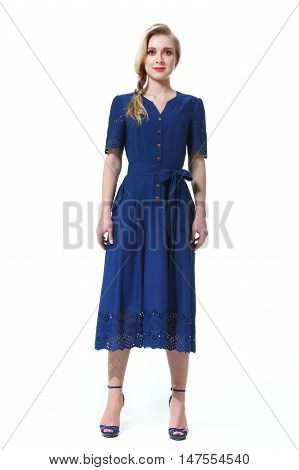 blond european model in summer short sleeve blue dress high heels shoes full body photo isolated on white