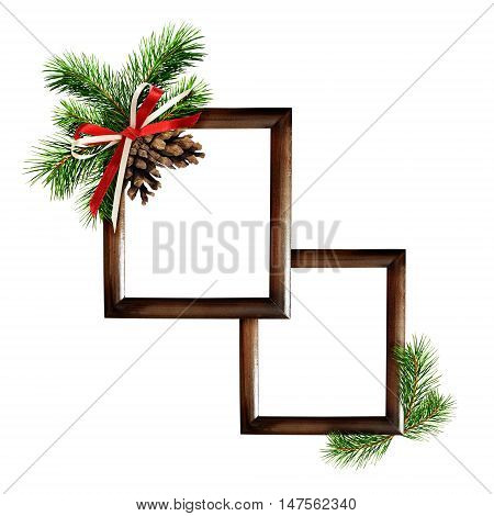 Christmas frames with pine tree and cones for photo or text isolated on white
