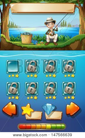 Game template with man fishing in background illustration