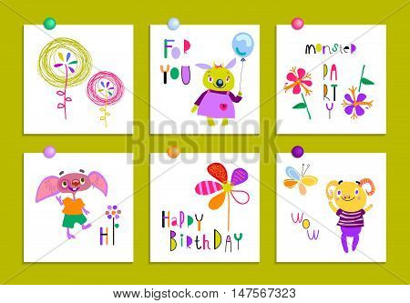 Set of creative cards with funny monsters and flowers. Birthday, party invitations, scrapbooking. Hand Drawn design elements isolated on white. Pink, indigo, orange, chartreuse. Vector illustration.