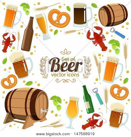 Round frame with colorful beer icons. Template for packaging cards posters menu. Vector stock illustration.