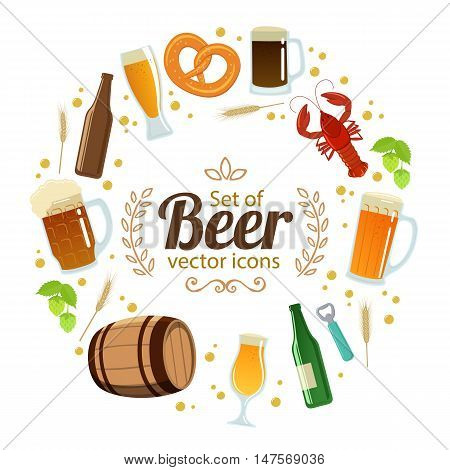 Round frame with colorful beer icons. Template for packaging cards posters menu. Vector stock illustration.