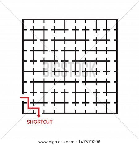 Vector illustration of black square maze with shortcut shown by red arrow