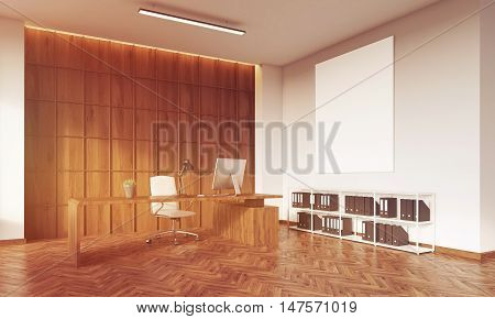 CEO office with wooden table wooden wall white leather armchair desktop and book shelves with binders. Big vertical poster on wall. Concept of management. 3d rendering. Mock up. Toned image