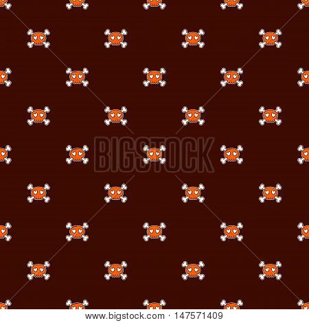 Seamless Halloween pattern. Wallpaper with orange skulls on brown background. Tileable backdrop with Halloween symbols. Vector illustration.