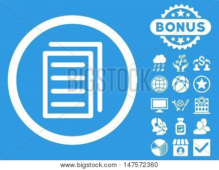 Copy Document icon with bonus pictogram. Vector illustration style is flat iconic symbols, white color, blue background.