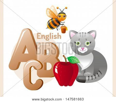 Vector illustration. English alphabet ABC icon. Abstract design template with cat, bee, apple, A, B, C letters