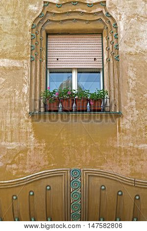 Background with architectural details on a historic building in Union Square Timisoara Romania.