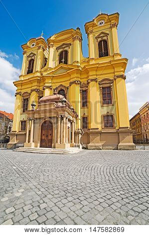 German Dome located on Union Square in Timisoara Romania. Fish eye view.