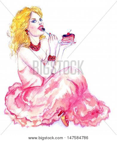 Hand Painted Watercolor Illustration: Glamorous girl in pink dress eat slice of cake with cherry