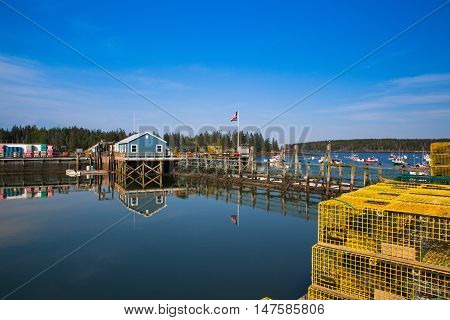 Crab farm and crab cages on Saint George Peninsula Maine USA