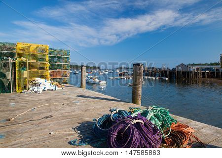 Crab farm and crab cages on Saint George Peninsula Maine USA