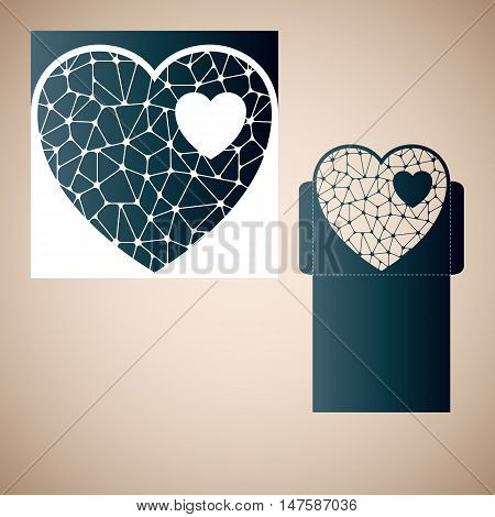 Openwork heart with gossamer. Laser cutting template for wedding envelopes and invitations.